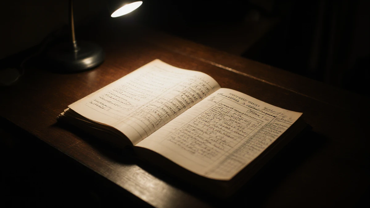 An open ledger under a desk lamp, the only lit thing in a dark room