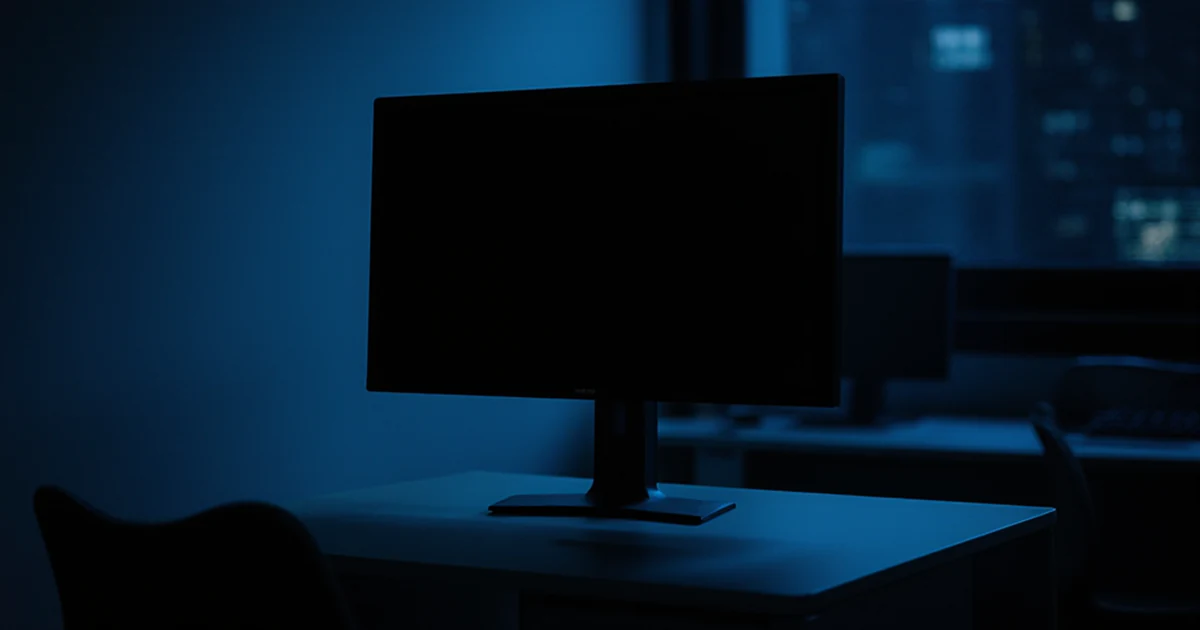 An empty office at night, one dark monitor on a desk