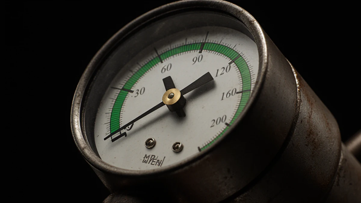 A pressure gauge, needle resting calmly inside the green band